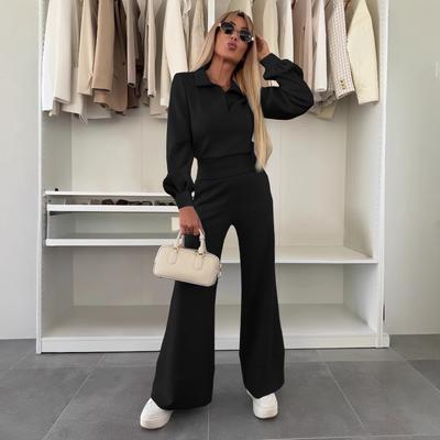 Women's Solid Color Collared Long Sleeve Blouse High Waist Wide Leg Flare Pants 2 Piece Casual Tracksuit Set