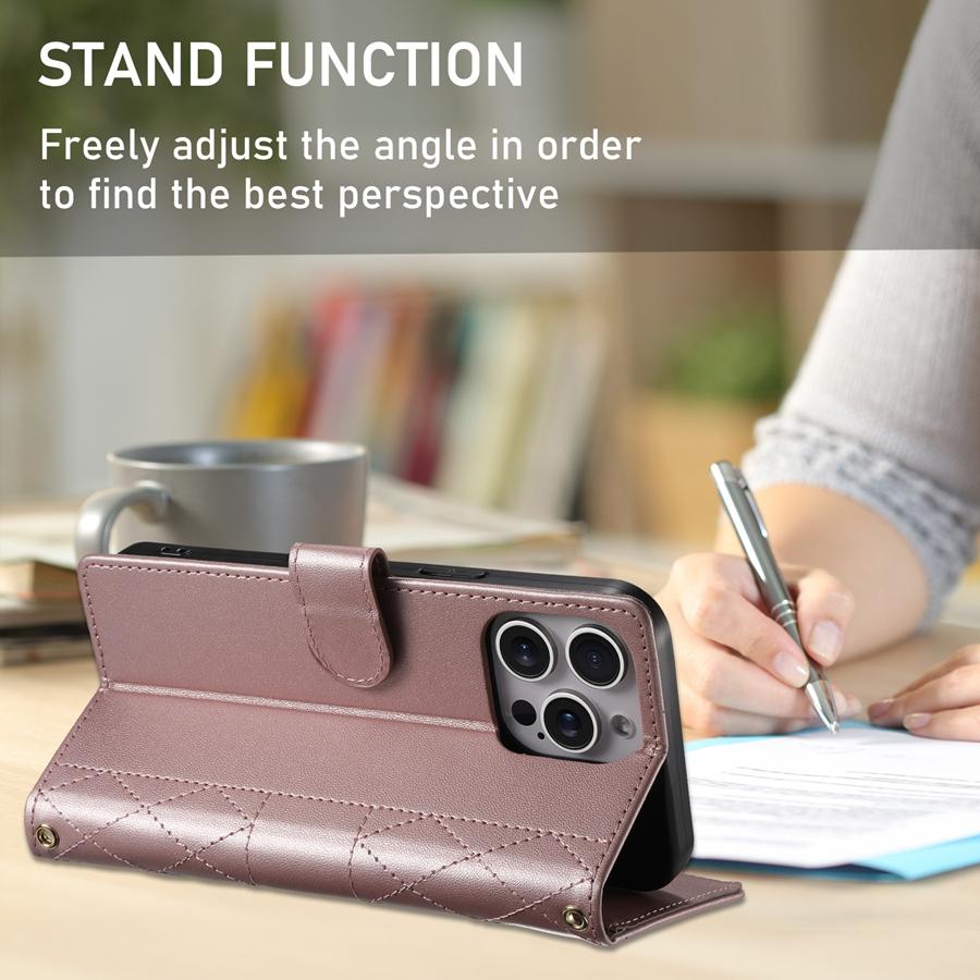 Étui de téléphone matelassé en losanges en cuir PU premium avec cadre photo et poche pour billets pour iPhone Samsung Google Dragonne détachable