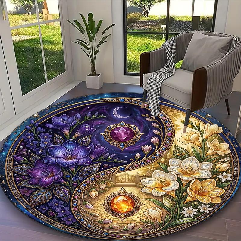 1pc Luxe Botanical Yin Yang Printed Chair Rug for Home Office Use, Living Room Kitchen Game Room Round Carpet