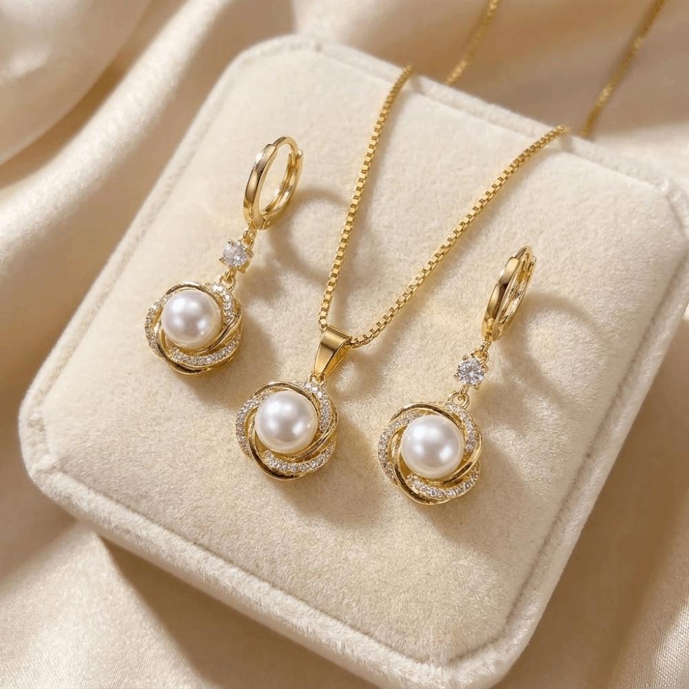 Dainty Zircon Jewelry Sets Elegant Necklace Earrings Sets Imitation Pearl Jewelry Sets Anniversary