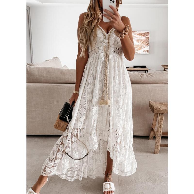 Women's Fashion Summer Spring Solid Color Print Sleeveless V-Neck Middle Waistline Casual Dresses