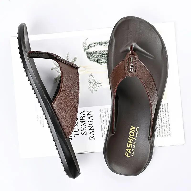 Fashion Indoor Men's Shoe Shiatsu Flip Flops Walk Around Home Slides House Beach First Layer of Cowhide Low Price Original Male Slipper