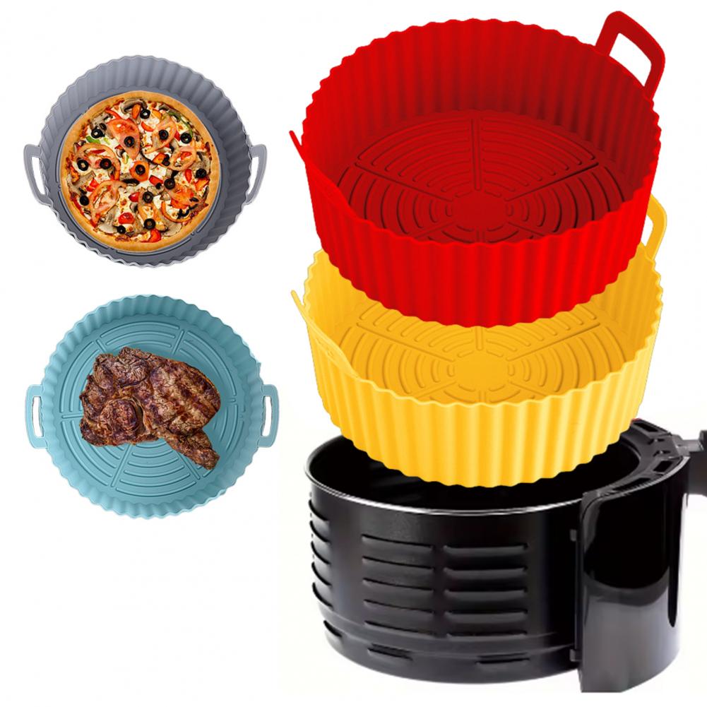 Silicone Baking Pan Tray For Air Fryer Liner Pot Protector Raised Edge Double Handles Non-Stick Heat-Resistant Kitchen Gadgets