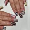 24PCS Y2k Dark Medium Square False Nails Black Lace Cross French Polka Dot Press on Nails 3D Metallic Silver Bow Heart Nail Tips