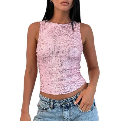 Damen Pailletten Tanktops Ärmellos Rundhals Glitzer Slim Fit Weste für Club