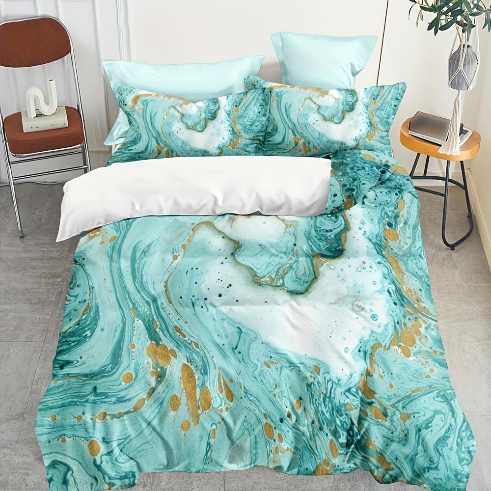 Green Color Duvet Cover Retro Watercolor Marble Bedding Set and Pillowcases Elegant Guest Room Decor