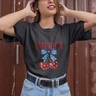 

Cute America Cherry Bow T-Shirt Women Independence Day Patriotic Casual Top L