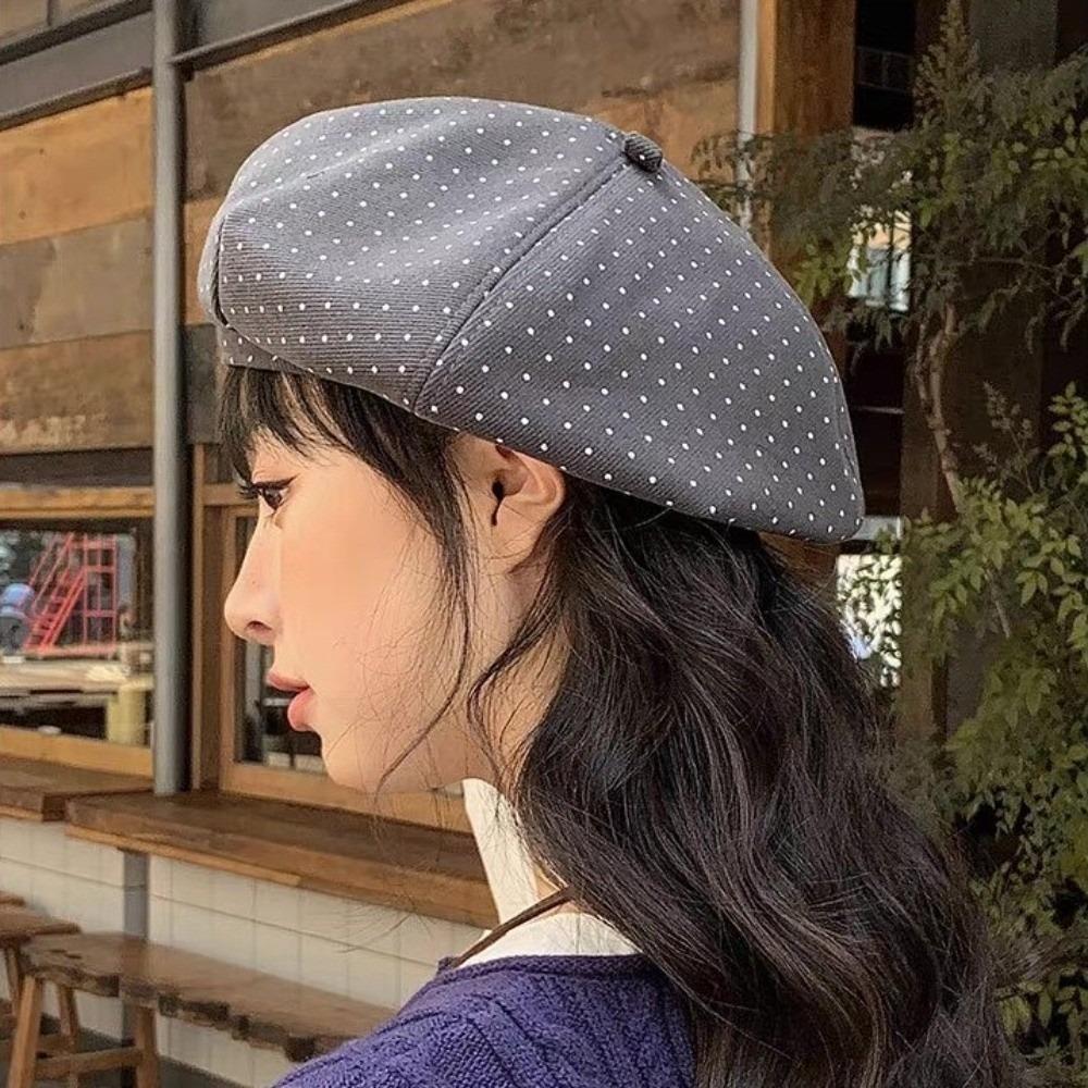 Korean Style Women Painter Hat Keep Warm Women Octagonal Cap Sweet Polka Dot Beret Hat  Outdoor