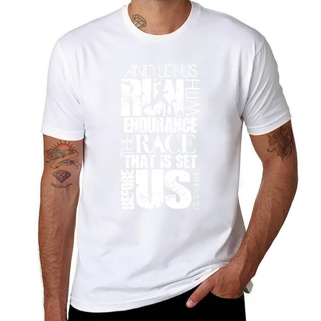 HEBREWS 12:1 RUN/RACE VERSE (WHITE) T-Shirt man t shirts for men man t shirt cotton high quality T-Shirt
