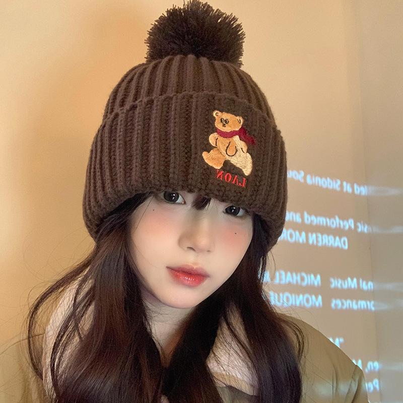 Cute Bear Coffee-colored Knitted Wool Hat for Women's New Winter Warm and Thickened Face Small Ear Protection Hat Tide