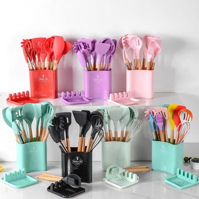 Silikon Pişirme Gereçleri Seti Yapışmaz Spatula Kürek Ahşap Saplı Pişirme Araçları Düz ​​Kova Ile Set Mutfak Aracı Aksesuarla Standı