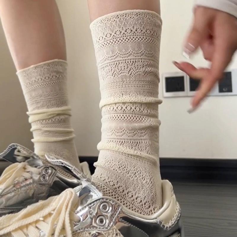 Summer Thin Solid-color Hollowed-out Pile Socks Lace Calf Socks To Slim Legs, Retro Style Sexy Socks