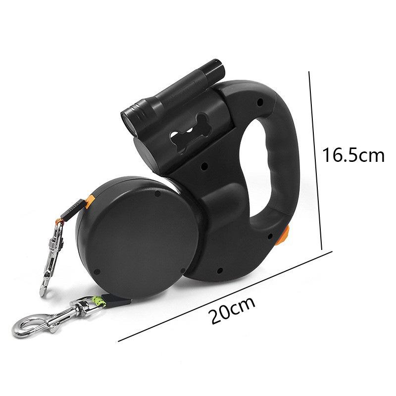 Correa para Perro de Doble Extremo de 360 Grados Cuerda de Tracción Retráctil Automática Con Linterna Caja para Bolsas de Excrementos Para Pasear a Dos Perros Correa para Mascotas
