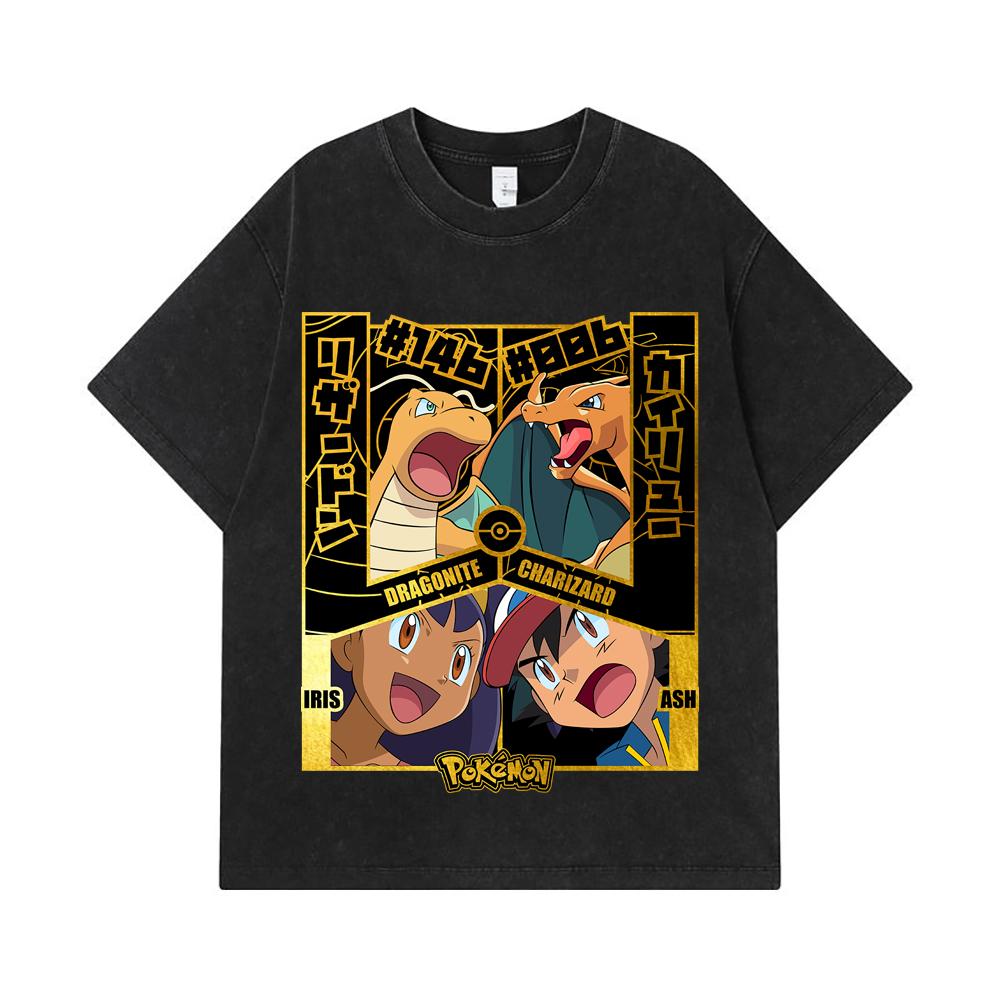 275 GSM Washed T-shirts 100% Cotton Pokemon V24 Dragonite Charizard Print Unisex Heavy Cotton T Shirt