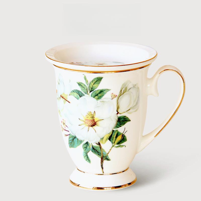 Fine Bone China Coffee Mugs Set of 4, Hand Drawn Gold Rimmed Floral Mugs, Porcelain Bone China Tea Cup with Lid, 300ml Elegant Office Home Tea Sets