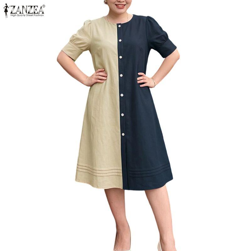ZANZEA Women Casual Round Neck Loose Half Sleeve Patchwork Dress
