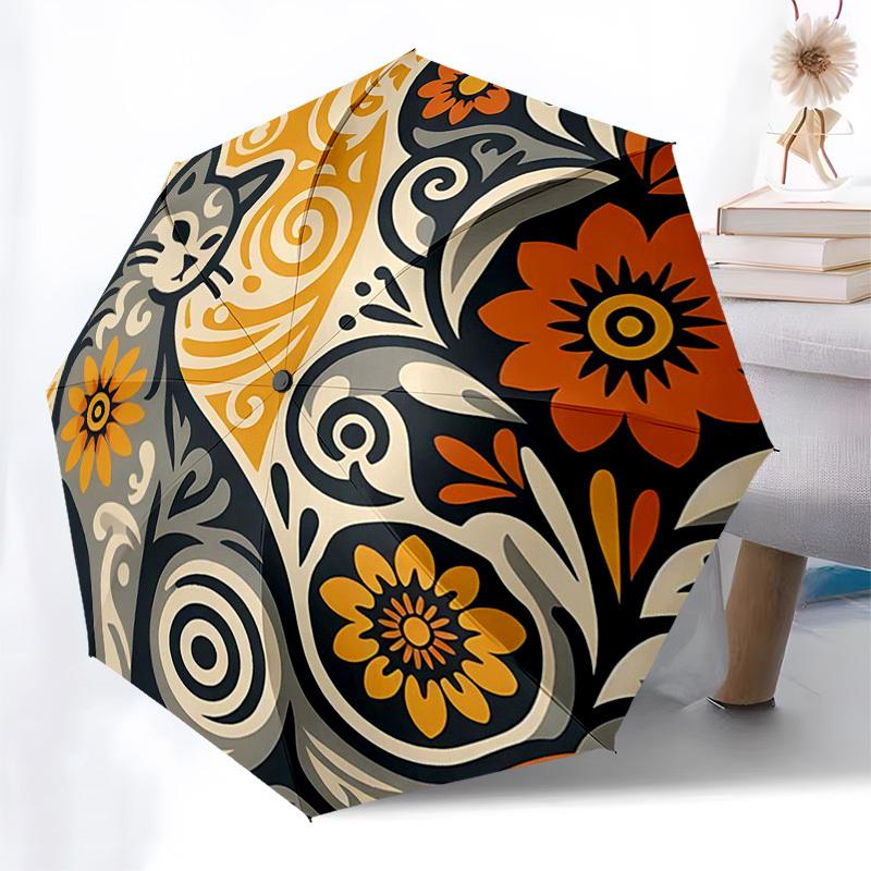

1pc Floral Cat Design Automatic Opening/Closing Umbrella - Portable 3-Fold Design with 8-Bone Iron Frame, Outdoor, Festive Gift for Fans, Travelers, D