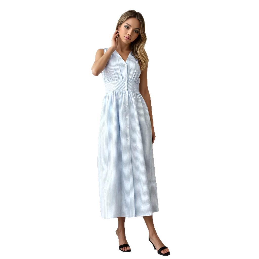 European and American Foreign Trade Women's Clothing Source Factory Temperament Split V-neck Pleated Waist Striped French Dress 2026 Summer
