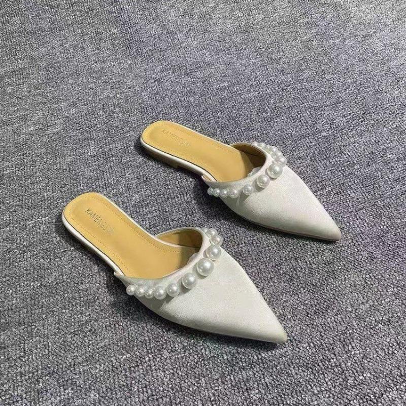 Fashion Baotou Flat Shoes Spring New Style Pointed Head Shallow Mouth Suede Beaded Soft Sole Anti-slip Wear-resistant Slippers