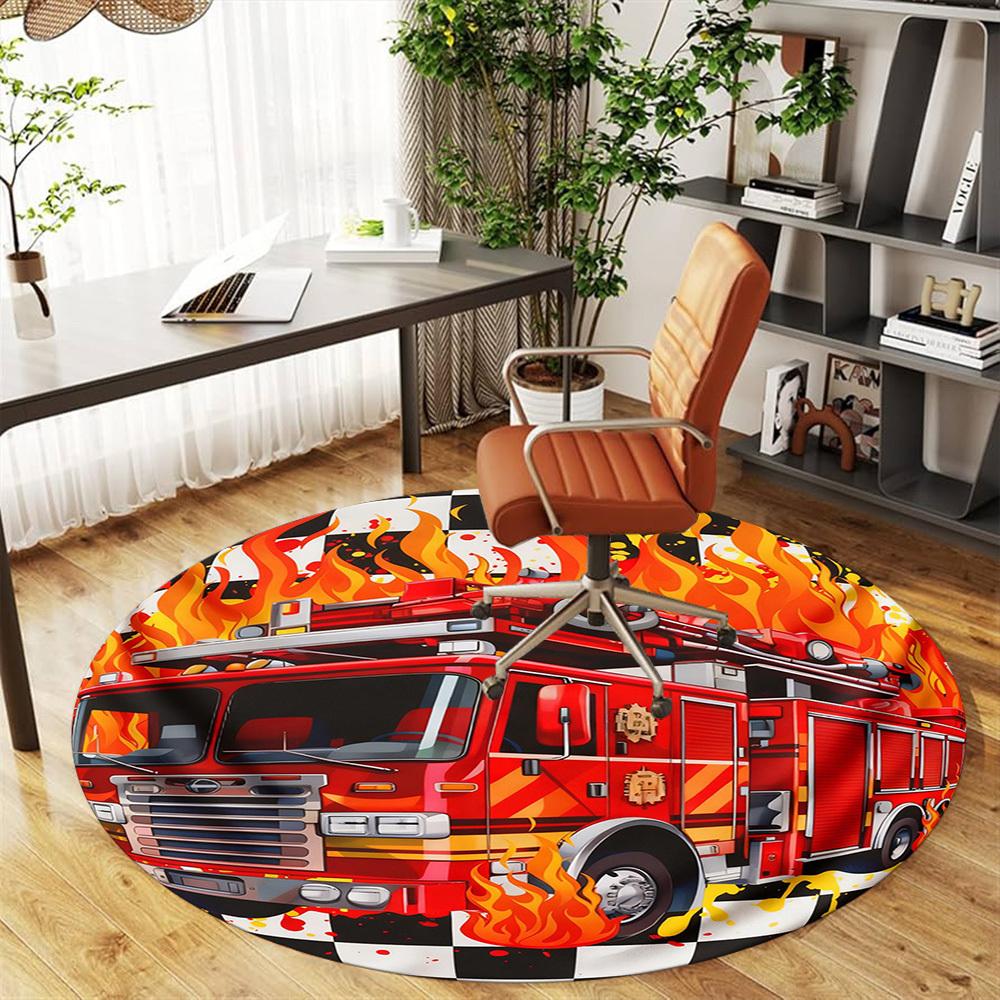 1PC Firetruck Flames Round Chair Mat Area Rug - Non-Slip, Floor Mat for Office, Bedroom, and Indoor Decor -Gift D1127234