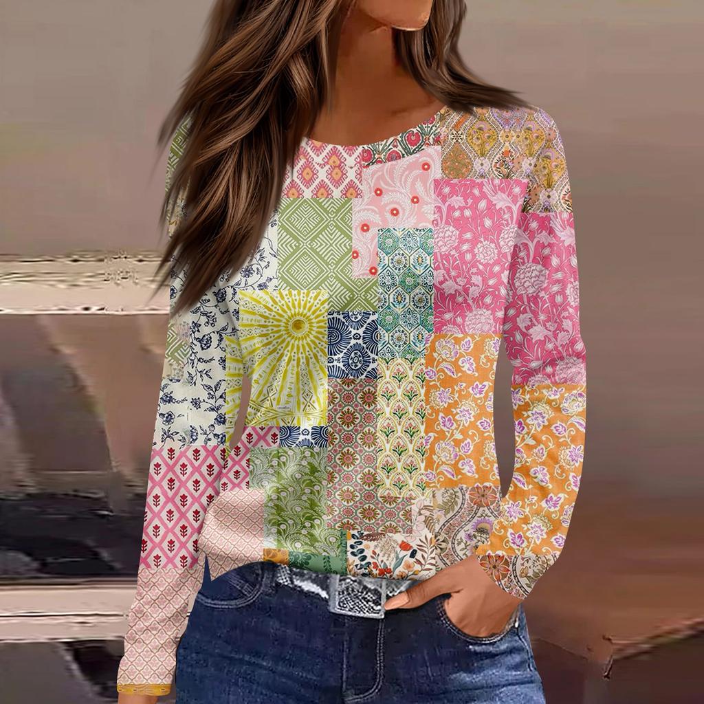 Damska modna, swobodna, rozcięta na dole, okrągły dekolt, długi rękaw, luźny, nadrukowany T-shirt