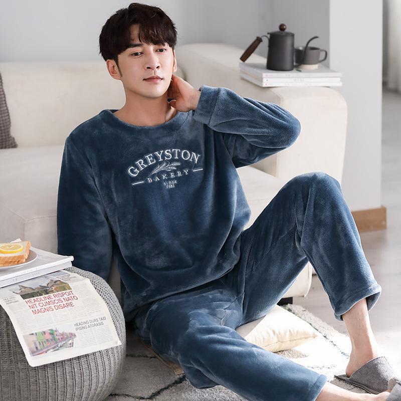 Flannel Pajamas Men'S Autumn And Winter Pullover To Keep Warm Winter Fleece Thickened Coral Fleece Men'S Loungewear Set