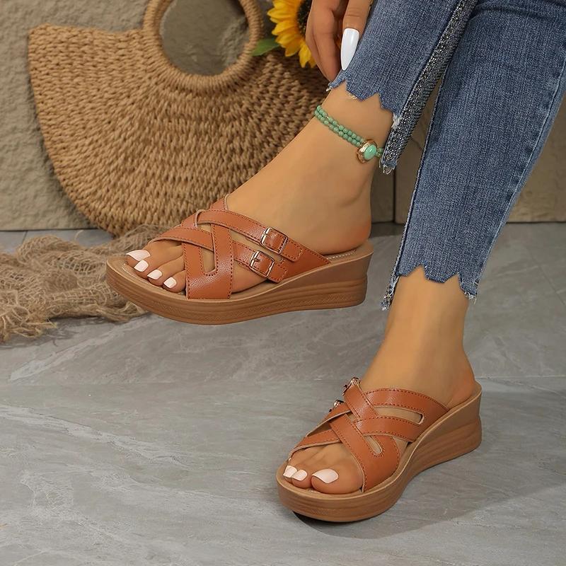 Fashion New Style Double Buckle Wedge Slippers Women Summer Cross Strap Round Toe Sandals Female Outdoor Weightlight Flat Slides Mujer