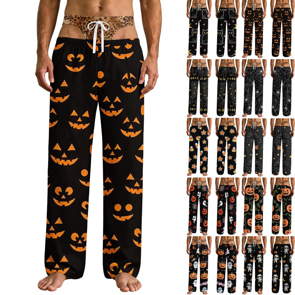 Men's Funny Halloween Print Pajama Pants with Pockets, Quirky Sleep Pants for Home
