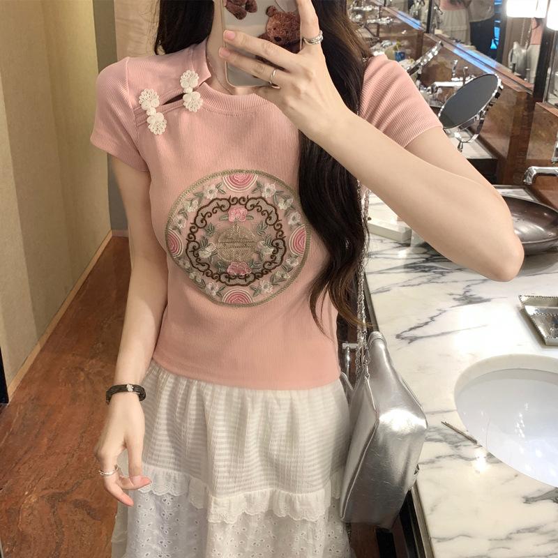 New Chinese Style Chinese Style Folding Round Neck Embroidered Pullover Short-sleeved Women's Summer New Slim Fit and Slim Top