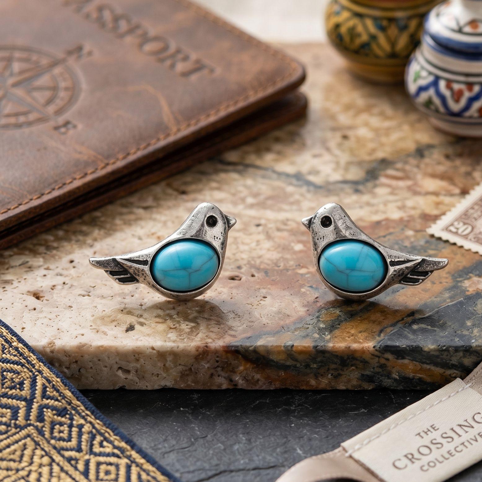 Bohemian Turquoise Inlaid Silver Bird Earrings for Women - Retro Niche Design