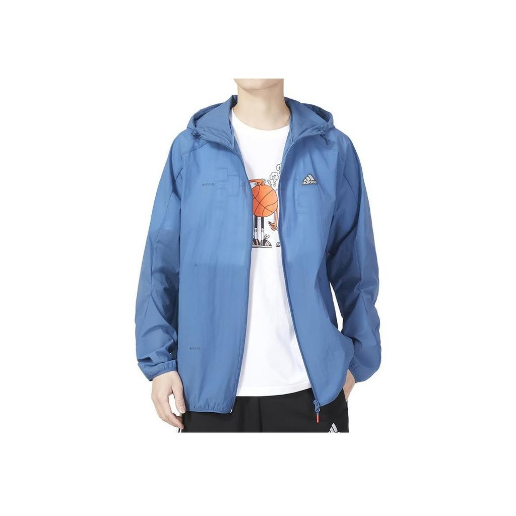 Adidas Solid Color Logo Embroidered Breathable Hooded Jacket Men Outerwear Blue IA8149