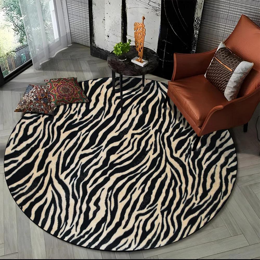 3D Barevný Pruhovaný Vzor Zebra Kulatý Koberec pro Obývací Pokoj, Ložnici, Dětský Herní Koutek Dekor, Protiskluzová Podložka do Zóny pro Domácí Mazlíčky