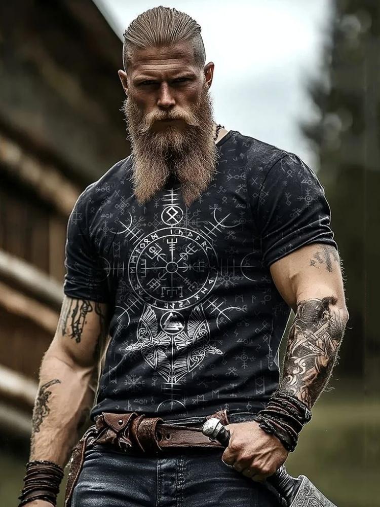 Outdoor Fashion Men's T-shirt with 3D Print of Tribal Style Wolf Pattern, Short Sleeve, Fitness and Sports Round-neck Top