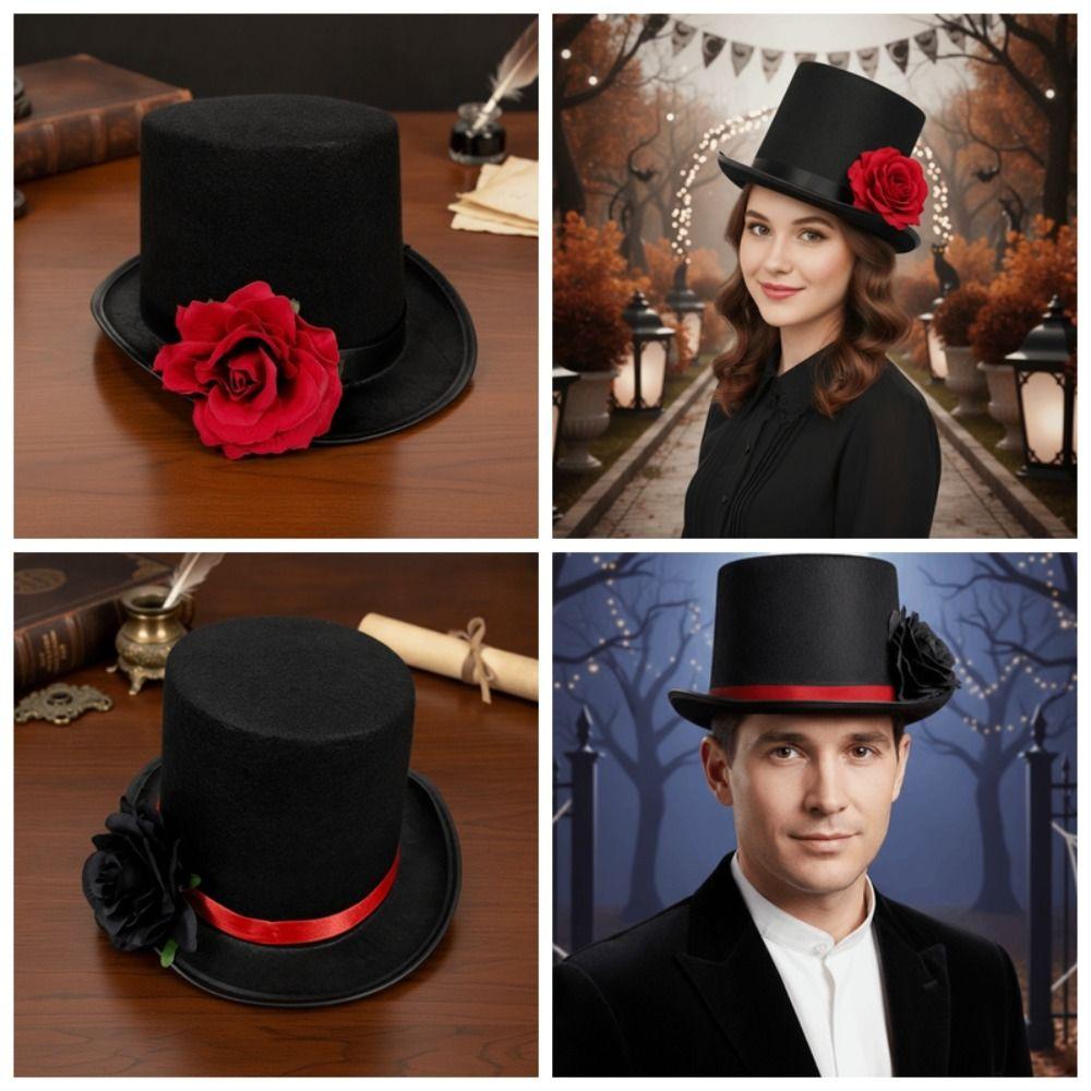Classic Black Rose Gentleman Cap Vibrant Red Magician Fedora Headwear Drama Actors