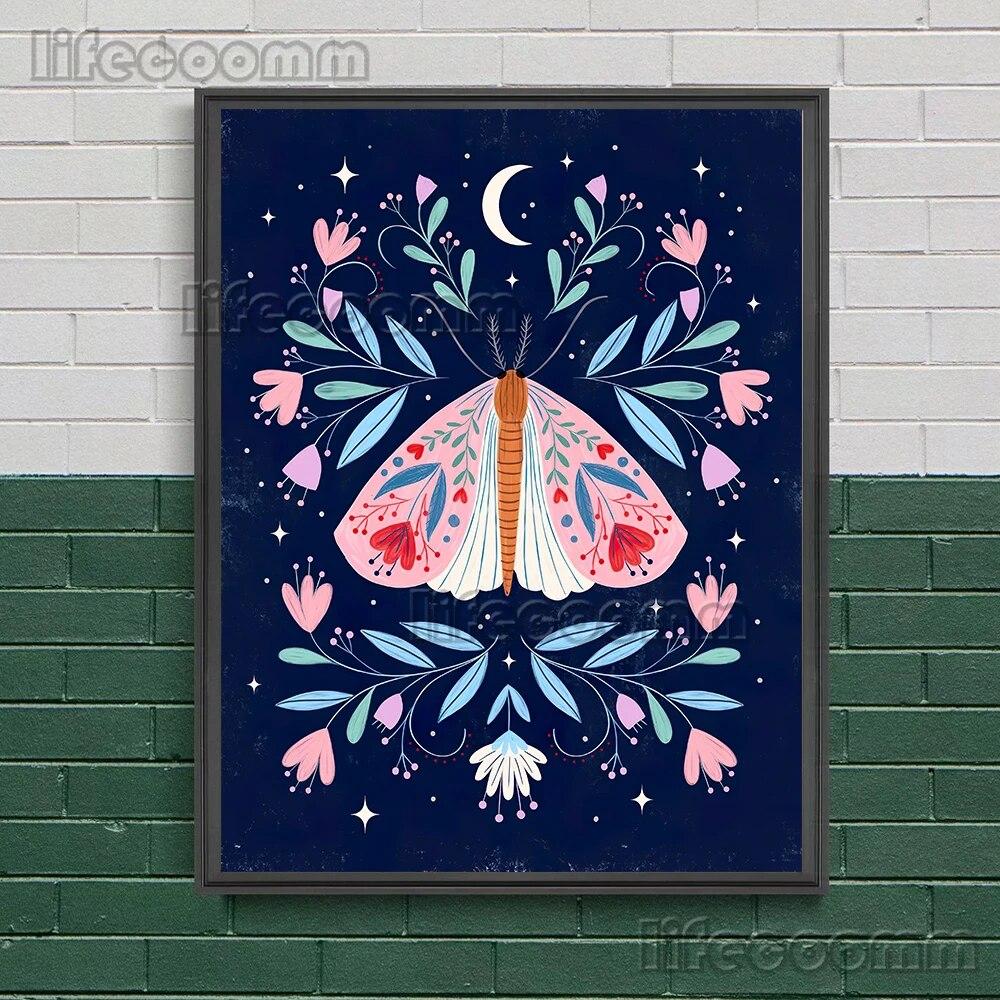 2023 księżycowa faza księżyca i magiczna ćma obraz ścienny na płótnie wąż, roślina, księżyc, elementy czarów plakat artystyczny dekoracja z nadrukiem bez ramki