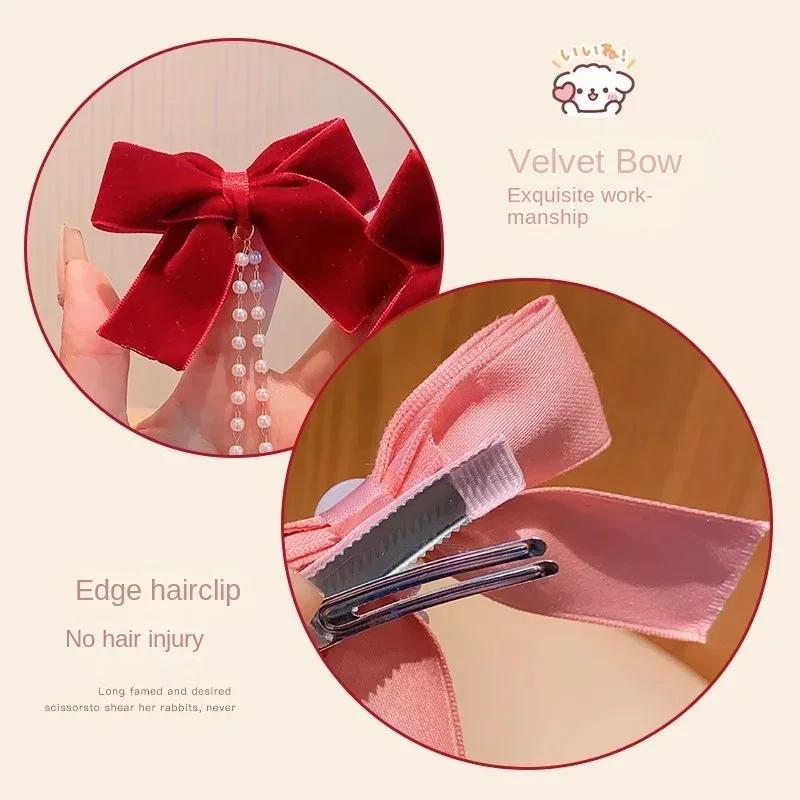 Eleganter Perlen-Schleifen-Quasten-Haarclip Solide Samt-Haarklammer Kinder Prinzessin Beste Haarnadeln Neue Mode Schönheit Haaraccessoires