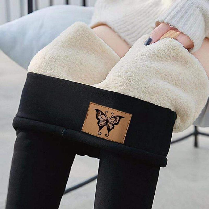 Winter-Damen-Leggings, mit Wolle gefüttert, Samt, Thermohose, hohe Taille, einfarbig, bequem, warm, dehnbar