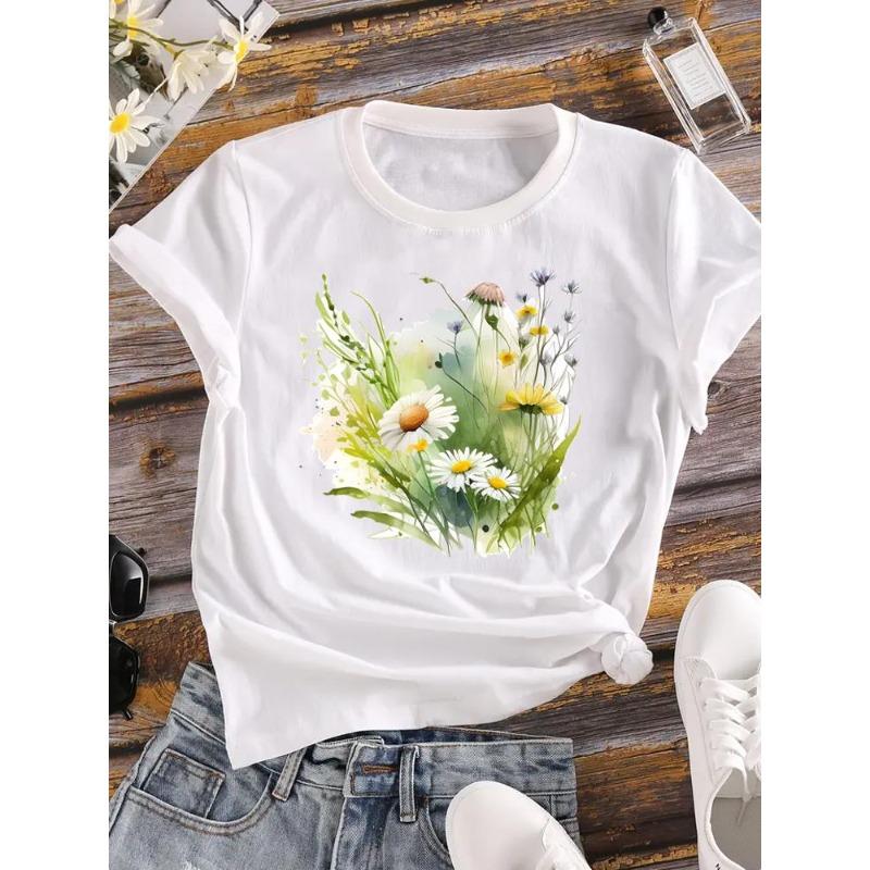 (European Size) 90s Women Flower Watercolor Trend Cute Short Sleeve Fashion Tee Top Clothing Print Lady Casual T-shirt Female Graphic T-shirts
