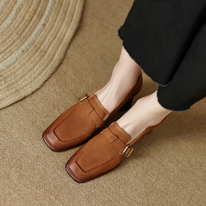 Fashion NEW Fall/Summer Women's Pumps Genuine Leather High Heels Square Toe Chunky Heel Shoes for Women Buckle Women Loafers Party Shoes