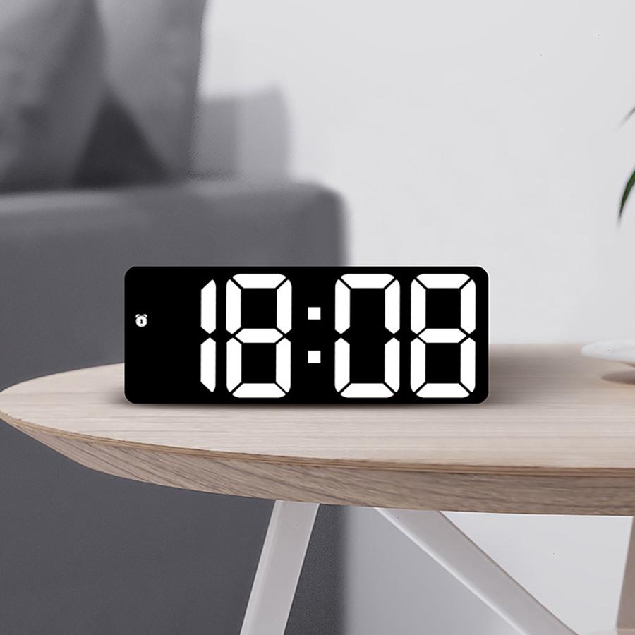 Multifunctional LED digital display alarm clock rectangular mirror clock desktop temperature, voice control, brightness adjustme