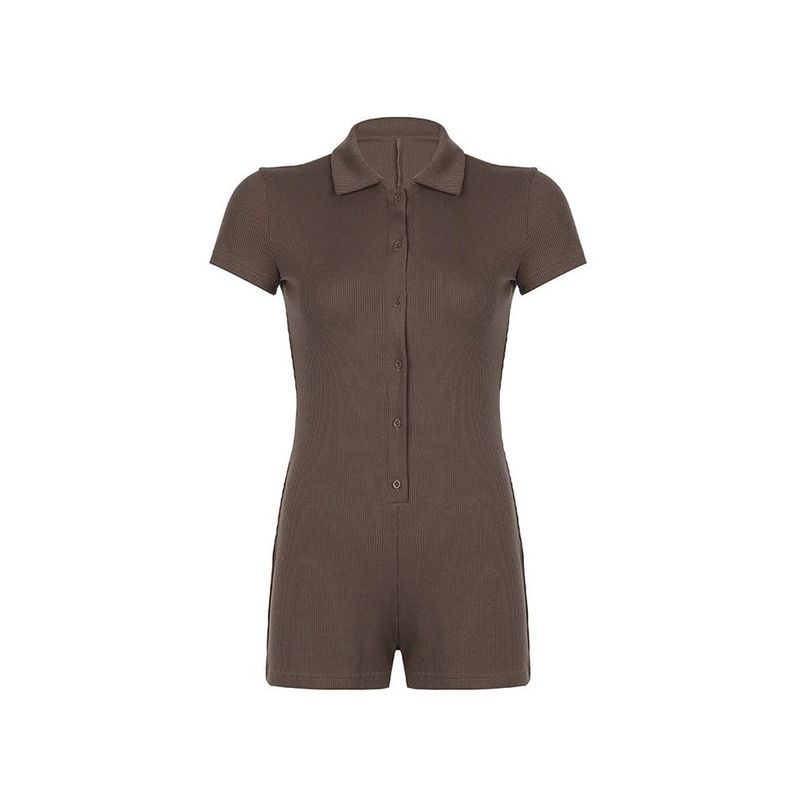 

Solid Color Lapel Brewed Casual Jumpsuit Solid Color Polo Collar Breasted Jumpsuit BROWN L(L)