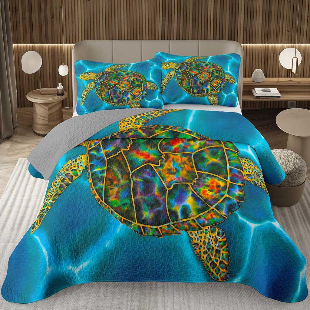 Sea Turtle Bedspread Queen Twin Underwater World Ocean Animal Coverlet Reptile Tortoise Print Quilted Bedding Set for Kids Adult