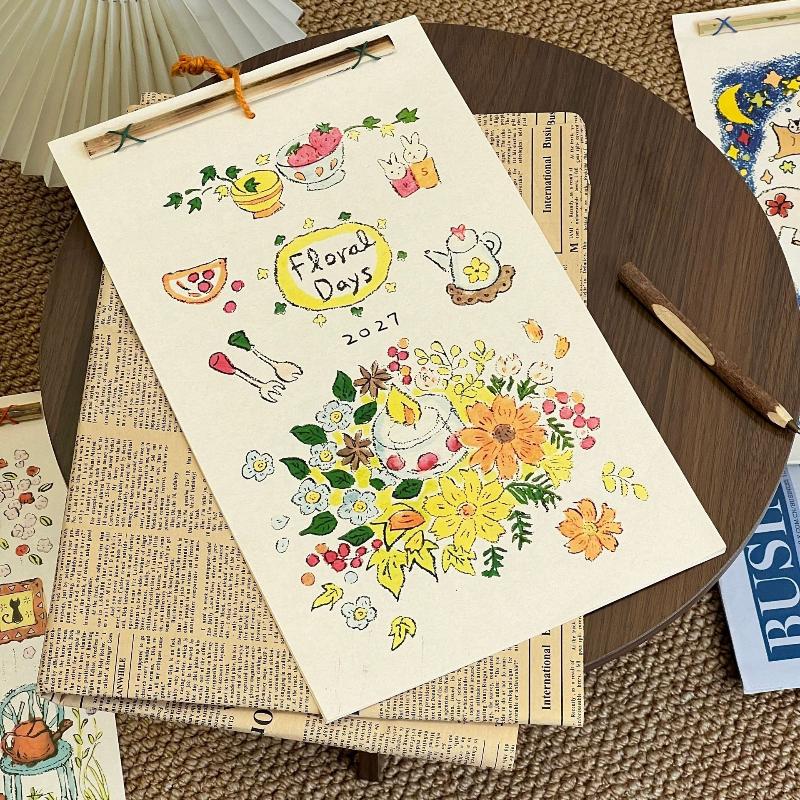 2027 Wall Hanging Calendar Pre-punched Holes Hand Drawn Afternoon Tea Floral Patterns for Home Use