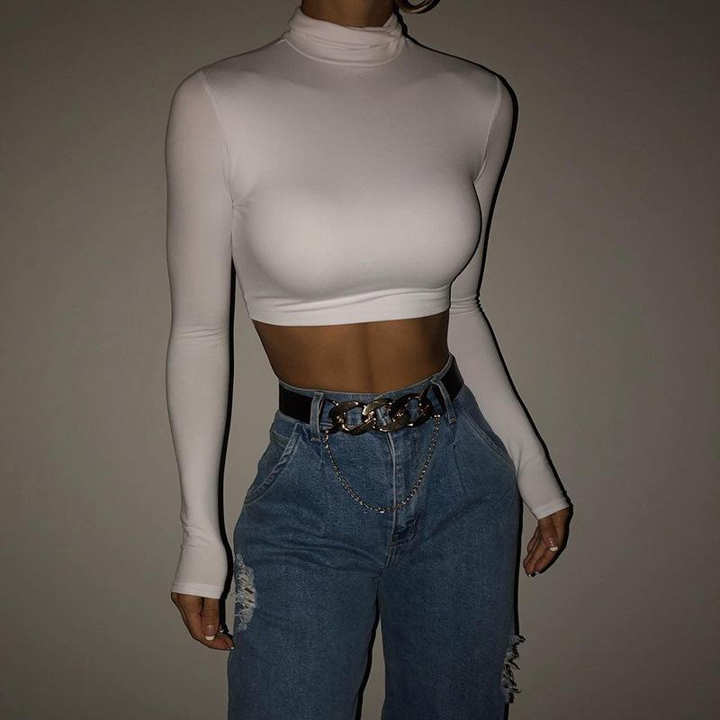 

Tooxika New Spring And Autumn T-shirt Long Sleeve High Collar Short Style Navel-exposing Sexy Slim Bottoming Shirt S білий
