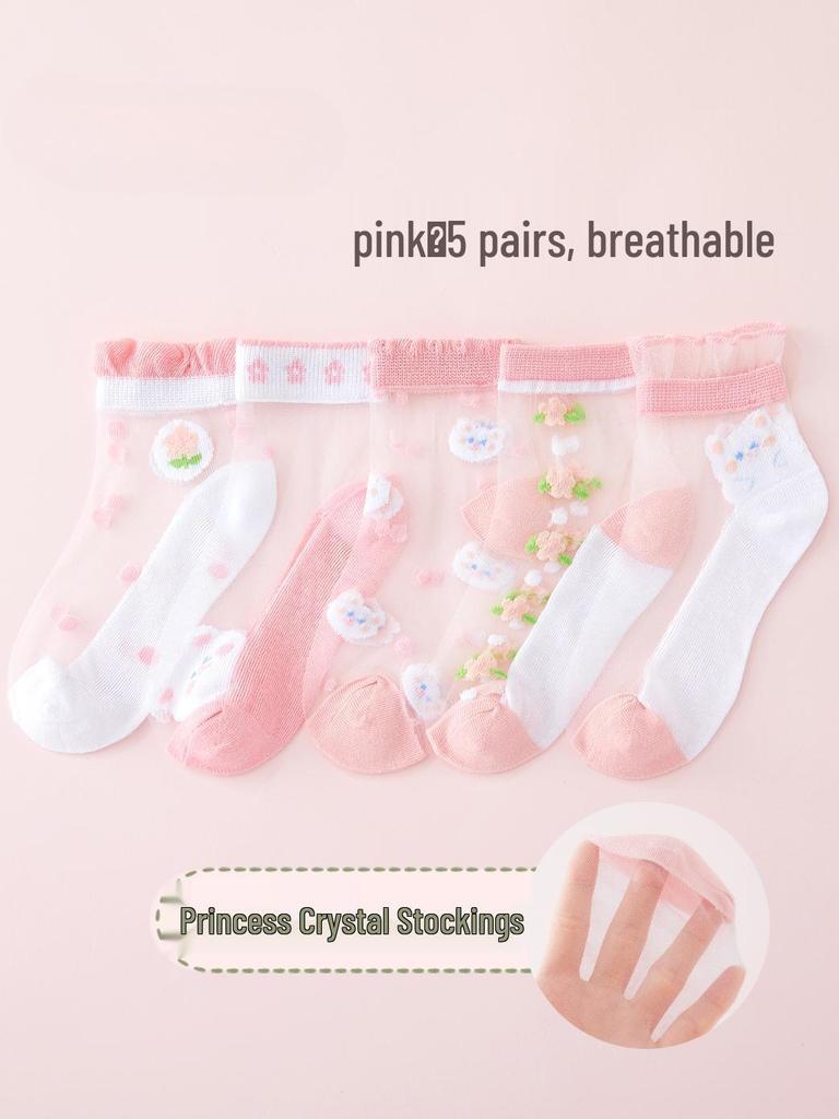 5 Pairs of Breathable Mesh Mid-Calf Lace Socks for Baby Girls - Perfect for Spring/Autumn