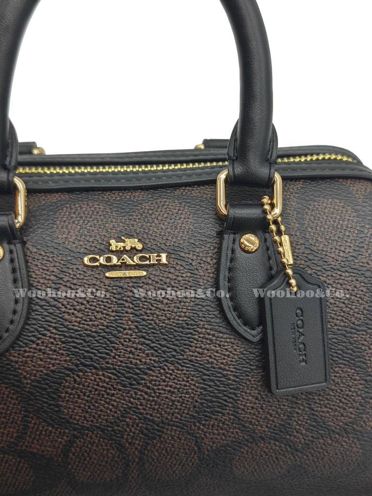 Coach Brown Signature Canvas Mini Rowan Duffle Bag with Leather Trim & Gold Hardware for Daily Use