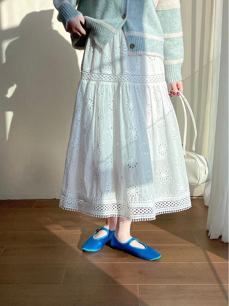 "Little Fresh" Solid Color Lace Hollow Cotton Umbrella Skirt - Women’s White Skirt