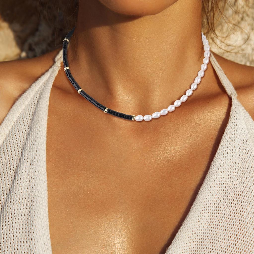 Black Stone Freshwater Pearl Necklace for Women [COAI]