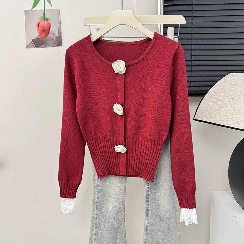 French Floral Lace Patchwork Waist Slimming Versatile Base Layer Knit Top Cropped Sweater Women