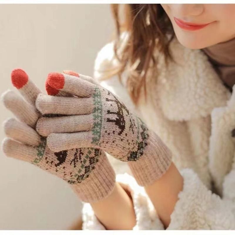 Deer Christmas Warm Gloves Five Fingers Wool Knitted Cotton Student Adult Riding Cartoon Gloves Female